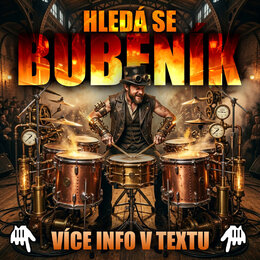 Digitální grafika s textem HLEDÁ SE BUBENÍK a VÍCE INFO V TEXTU. Zobrazuje muže v koženém oblečení a klobouku s brýlemi, který hraje na atypickou bic…