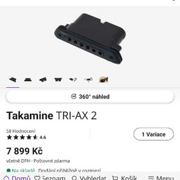 Černý přehlédací pedalboard s pěti vstupními konektory. Na horní části je viditelné zlaté logo Takamine. Povrch je matný a v dobrém stavu.