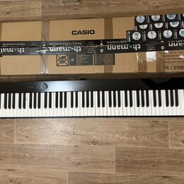 Černý digitální klavír s bílými a černými klávesami. Na horní hraně je nápis CASIO, označení Privia a model PX-S3100 BK. Nástroj leží na dřevěné podl…