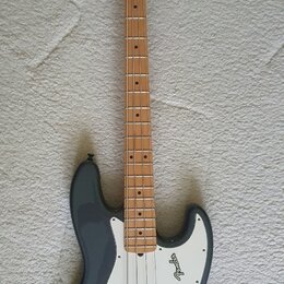 Šedá elektrická basová kytara s bílým pickguardem a hnědým javorovým hmatníkem. Na těle je viditelné logo Fender a na hlavě nástroje je nápis Fender.…