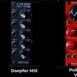 Fotografie zobrazuje tři moduly syntetizátoru. První modul je stříbrný s nápisy BLACK MIDI-CV a erica synths. Druhý modul je černý s nápisy A-138 MIX…
