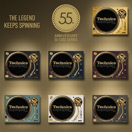Kolaž zobrazující sedm variant turntable gramofonů značky Technics v různých barvách: zlaté, tmavě modré, černý, vínový, světle modrý, bílý a šedý. V…