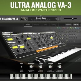 Snímek zobrazuje softwarové rozhraní analogového syntetizátoru s názvem ULTRA ANALOG VA-3. V horní části je vybraný preset Doom Bass z kategorie Fact…