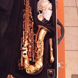 V otevřeném černém kufru leží saxofon s lesklým, růžozlatým povrchem. Vedle nástroje je umístěn mouthpiece s troškou rýžového rýdu a bílá látka. Na n…