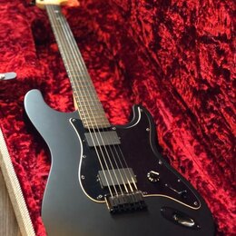 Černá elektrická kytara s matným povrchem v červeném plišovém kufru. Nástroj má dva humbuckery, černý pickguard a světlou hmatnici. Na hlavě kytary j…