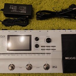 Bílý kytarový procesor s černým pedálem, na kterém je nápis MOOER. Na horní části přístroje je displej a text VCE 250 amp modelling & multi-fx. Vedle…