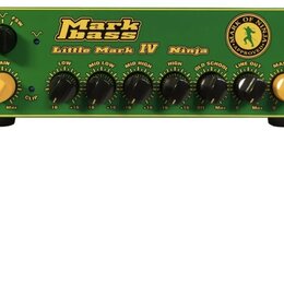 Zelený basový zesilovač s nápisy Mark bass a Little Mark IV Ninja. Na předním panelu se nachází ovládací prvky Gain, Low, Mid Low, Mid High, High, Ol…