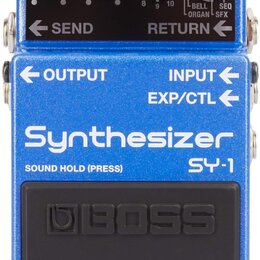 Modrý kytarový efekt s nápisem Synthesizer SY-1 a logem BOSS na černém spínacím pedálu. Horní část obsahuje čtyři otočné ovladače a nápisy EFFECT DIR…