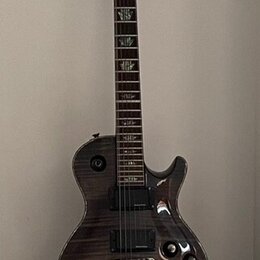 Tmavně hnědá elektrická kytara s výraznou sletovanou strukturou dřeva na těle. Na hlavě je viditelné logo "Schecter". Nástroj má dva humbuckery, dvě…