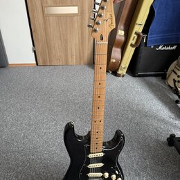Černá elektrická kytara s bílým pickguardem a javorovým hnedým hmatníkem. Na hlavě je viditelné logo Fender a nápis STRATOCASTER. Kytara má tři sníma…