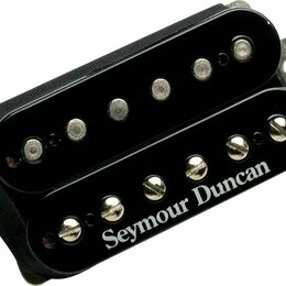 Černý humbucker s dvěma řadami šesti kovových pólů. Na spodní části je bílý nápis Seymour Duncan. Snímač vykazuje mírné známky opotřebení v podobě dr…