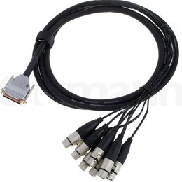 Černý vícežilní kabel s jedním DB25 konektorem na jednom konci a šesti XLR konektory na druhém. Na plášti kabelu je opakovaně bílý nápis MCF 8-PAIR a…