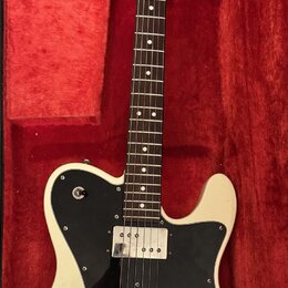 Kytara v krémové barvě s černým plechtrádem, položená v červeném pouzdře. Na hlavě hnedku je vidět nápis Squier by Fender a Telecaster. Nástroj má dv…