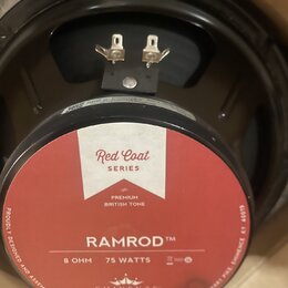 Fotografie zachicuje zadní stranu reproduktoru s červenobílou nálepkou. Na nálepce jsou nápisy RAMROD TM, 75 WATTS, 8 OHM, Red Coat SERIES, PREMIUM B…