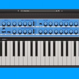 Digitální obrazovka zobrazující software virtuálního syntetizátoru s názvem BassStation. Nástroj má černý panel s modrými ovládacími knoflíky a bílou…