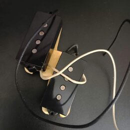 Dvě elektrické kytarové snímače typu humbucker s černými plastovými kryty a viditelnými polkovými magnety. Snímače jsou umístěny na světlém dřevěném…