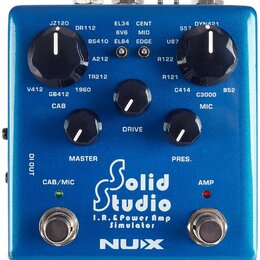 Modrý kytarový pedál s nápisem Solid Studio I.R.& Power Amp Simulator a logem NUX. Zařízení má pět černých otočných ovladačů s popisky CAB, DRIVE, MI…