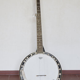 Banjo s bílou membránou a kovovým rímcem, umístěné na černém stojanu. Na hlavě hředu je zlatý nápis „Epiphone“. Uprostřed membrány je viditelné logo…