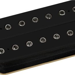 Dva černé humbuckery s kovovými póly. Nástroje jsou umístěny vedle sebe na zlatavém základovém rámečku. Na povrchu nejsou viditelné žádné značky ani…