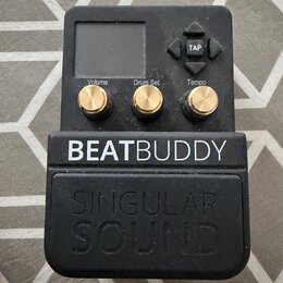 Černý efekt pedál s nápisem BEATBUDDY a pod ním vylisovaným logem SINGULAR SOUND. Zařízení má malý displej, čtyři šipkové tlačítka s nápisem TAP a tř…