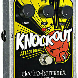 Kytarový efekt v kovovém šasi s žlutým a černým panelem. Na panelu je nápis KNOCKOUT ATTACK EQUALIZER, logo electro-harmonix a text MADE IN NYC, USA.…