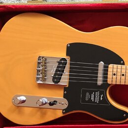 Elektrická kytara s přírodním žlutým povrchem těla a černým pickguardem, umístěná v červeném kufru. Na pickguardu je bílý nápis Fender VINTERA SERIES…