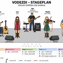 Grafické schéma s názvem VODEZDI – STAGEPLAN, které zobrazuje rozložení hudebníků na pódiu z pohledu diváka. Na obrázku jsou znázorněny postavy Mirek…