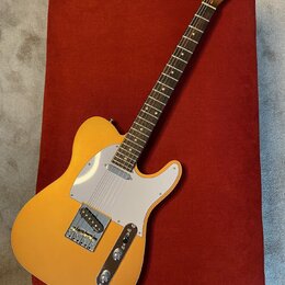 Zlatá elektrická kytara typu Telecaster s bílým pickguardem a hnědým hmatníkem. Na hlavě je bílý nápis Fender. Nástroj vykazuje známky používání v po…