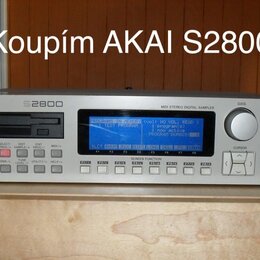 Stříbrný rackový MIDI stereo digitální sampler s nápisy AKAI professional a S2800. Zařízení má modrý LCD displej, několik řad tlačítek a tři otočné o…