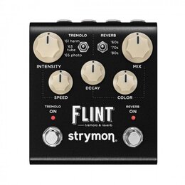 Černý kytarový efekt s nápisy FLINT, tremolo & reverb a značkou strymon. Zařízení má pět krémových otočných ovladačů označených jako INTENSITY, SPEED…