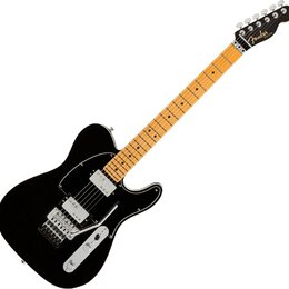Černá elektrická kytara s jasně hnědým javorovým hmatníkem. Na hlavě je bílé logo Fender a pod ním menší nápis Telecaster. Kytara má jeden humbuker,…