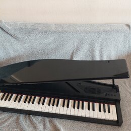 Černý digitální piano v provedení křídla s lesklým povrchem. Na levé straně nad klávesami je vidět žlutý nápis "KORG". Nástroj má standardní bílé a č…