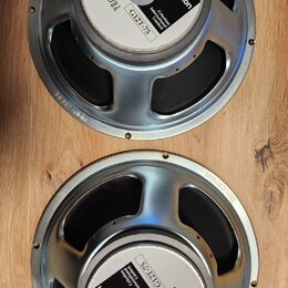 Dvě reproduktory s kovovým rámem a černou membránou. Na bílých štítcích je uveden nápis PROFESSIONAL LOUDSPEAKER, značka CELESTION a model G12T-75. N…
