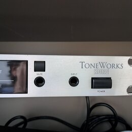 Stříbrný rackový přístroj s nápisy TONEWORKS a KORG. Na předním panelu jsou umístěny dva přepínače s popisky MUTE a POWER, vstupní konektor INPUT a d…