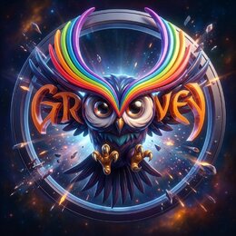 Digitální grafika s motivem stylizované sovy v tmavě modré barvě s duhovými pírky na hlavě. Doprostřed je umístěn nápis GROOVEY v oranžovo-žlutém pro…