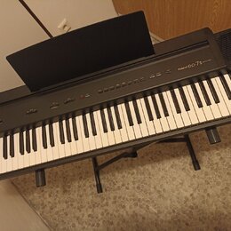 Černý digitální klavír na černém stojanu. Na ovládacím panelu je bílý nápis Roland ep-7II DIGITAL PIANO. Nástroj má standardní klávesnici s bílými a…