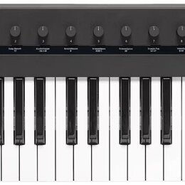 Černý klavírní kontrolér s bílými a černými klávesami. Na pravé straně je nápis KORG a model Keystage POLY IC MIDI KEYBOARD, dále je zde označení Pol…