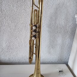 Zlatavý mosazný trubkový nástroj s třemi ventily. Na povrchu jsou viditelné drobné škrábance a známky opotřebení laku. Nápisy na nástroji nejsou z to…