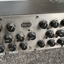 Stříbrný rackový parametrický ekvalizér s černými ovládacími knoflíky. Na předním panelu je nápis parametric PEQ 25 equaliser 6/12dB a logo HammerWav…