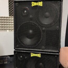 Sada basového zesilovače a dvou reproduktorových skříní. Nahoře je rackový zesilovač s nápisy GALLIEN-KRUEGER a Fusion 550. Pod ním jsou dvě černé re…