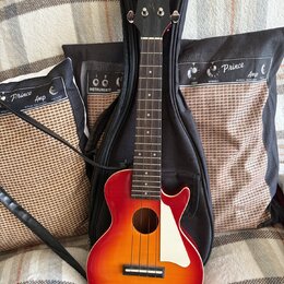 Červeno-žlutá akustická kytara s bílým plechtrem a černým popruhkem, opřená o černý pouzdro. Na hlavě nástroje je bílý nápis Epiphone a pod ním kurzi…