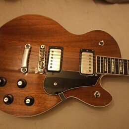 Hnědá elektrická kytara s tvarem single-cutaway a dřevěným povrchem. Nástroj má dva humbuckery s bílými kryty, černý plechtrguard a čtyři ovládací kn…