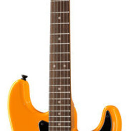 Oranžová elektrická kytara s černým pickguardem a hnědým hmatníkem. Na hlavě je viditelné logo "Larry Carlton". Nástroj má dva humbuckery v krémovém…
