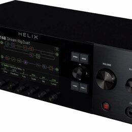 Černý rackový kytarový procesor s nápisem HELIX a logem LINE 6. Na displeji je zobrazen text 16B Dream Rig Duet a grafické schéma efektů. Zařízení má…