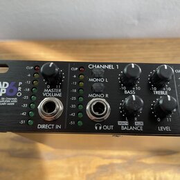 Černý rackový zesilovač sluchátek s nápisem HEAD AMP 6 PRO a popiskem PROFESSIONAL SIX CHANNEL HEADPHONE AMPLIFIER WITH EQ AND AUXILIARY MIXER. Na př…