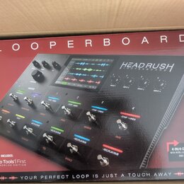 Krabice s produktem HeadRush Looperboard. Na balení je zobrazen černý looper s displejem, několika ovládacími knoflíky a řadou stoupacích přepínačů.…