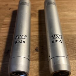 Dvě stříbrné kondenzátorové mikrofony s matným povrchem. Na obou je vyražen nápis MXL 603S. Povrch mikrofonů vykazuje drobné škrábance a známky použí…