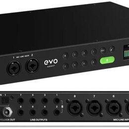 Černý zvukový interface s nápisy evo AUDIENT a EVO 16. Horní panel obsahuje kombinované konektory, řadu tlačítek s čísly 1 až 8, zelený svítící prvek…