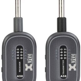 Dvě šedé bezdrátové jednotky s připojenými 6,3mm jack konektory. Levá jednotka má nápisy RECEIVER a A58, pravá jednotka má nápisy TRANSMITTER a A58.…