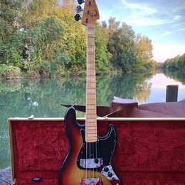 Elektrická basová kytara s tělem v provedení sunburst a černým pickguardem, umístěná v červeném plišovém kufru. Na hlavě hned vedle ladících kolíčků…